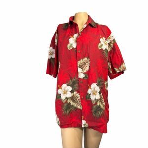 Pacific Legend Red Hawaiian Floral Button-Up  L